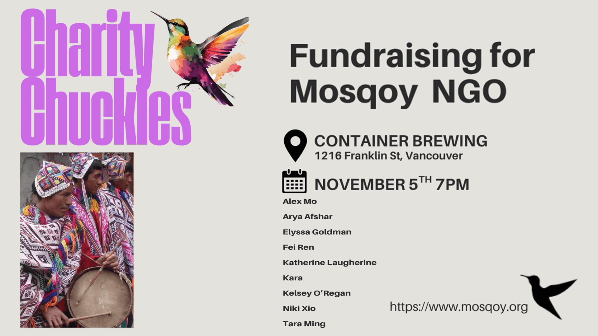 Charity Chuckles: Mosqoy fundraiser poster